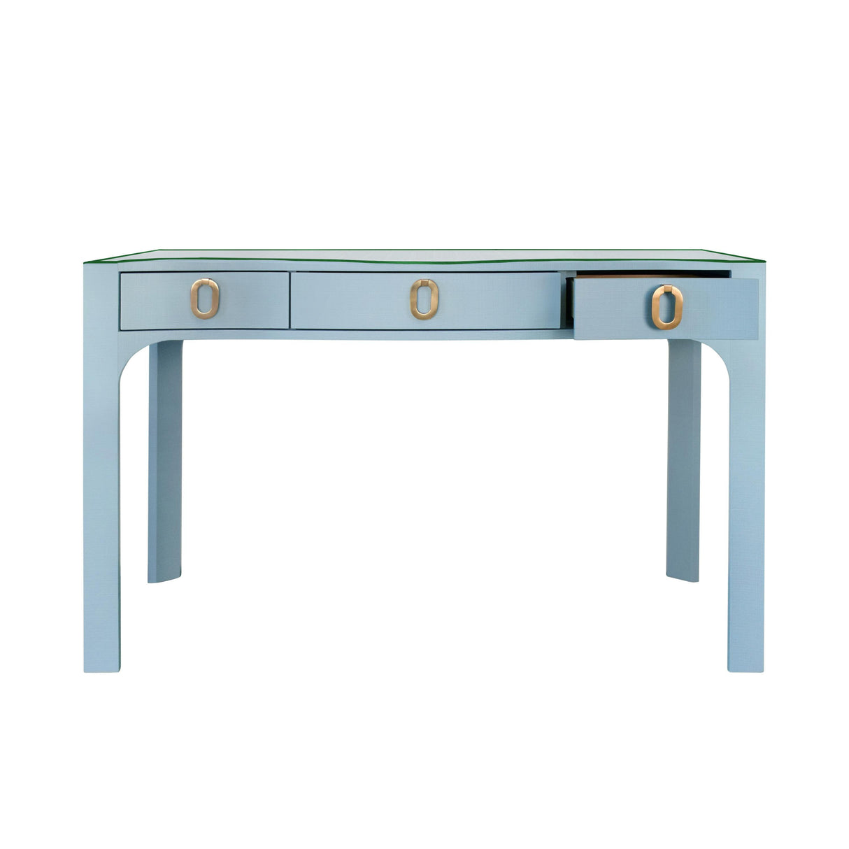 Worlds Away Curved Front Desk With Three Drawers In Light Blue Textured Linen With Satin Brass Ring Hardware And Glass Top