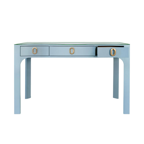 Worlds Away Curved Front Desk With Three Drawers In Light Blue Textured Linen With Satin Brass Ring Hardware And Glass Top