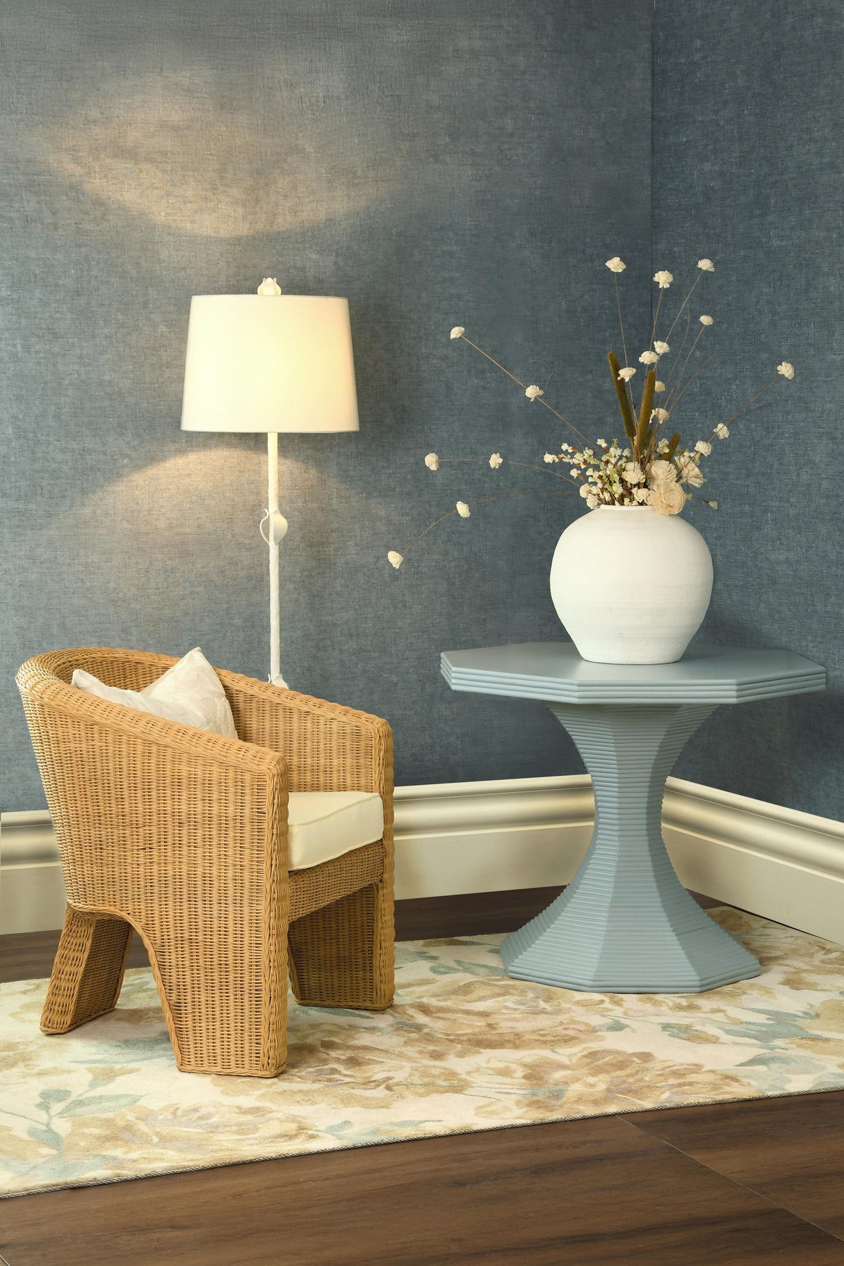 Worlds Away Rattan Three Leg Lounge Chair With Performance Ivory Linen