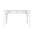 Worlds Away Curved Front Desk With Three Drawers In White Textured Linen With Satin Brass Ring Hardware And Glass Top