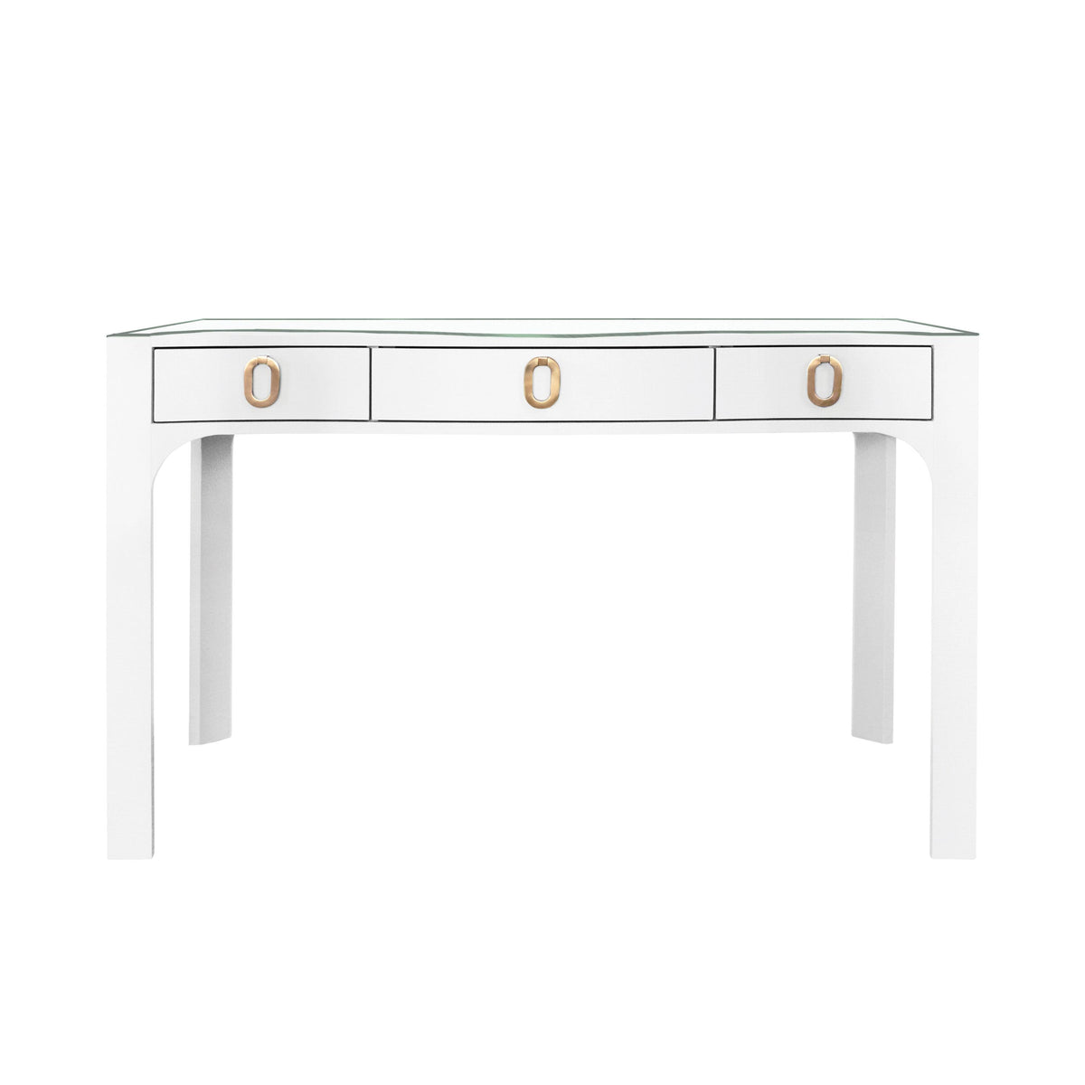 Worlds Away Curved Front Desk With Three Drawers In White Textured Linen With Satin Brass Ring Hardware And Glass Top