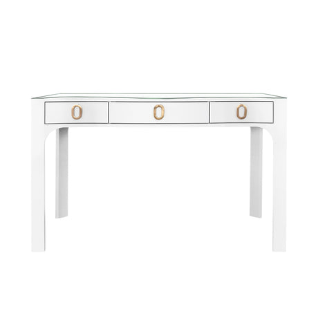 Worlds Away Curved Front Desk With Three Drawers In White Textured Linen With Satin Brass Ring Hardware And Glass Top