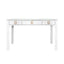 Worlds Away Curved Front Desk With Three Drawers In White Textured Linen With Satin Brass Ring Hardware And Glass Top