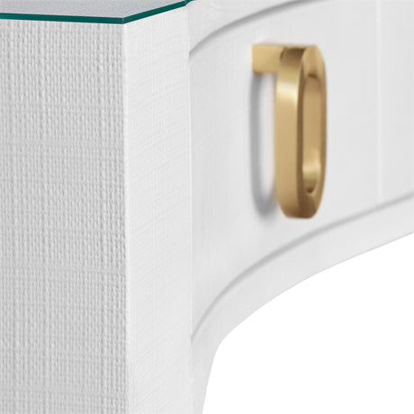 Worlds Away Curved Front Desk With Three Drawers In White Textured Linen With Satin Brass Ring Hardware And Glass Top