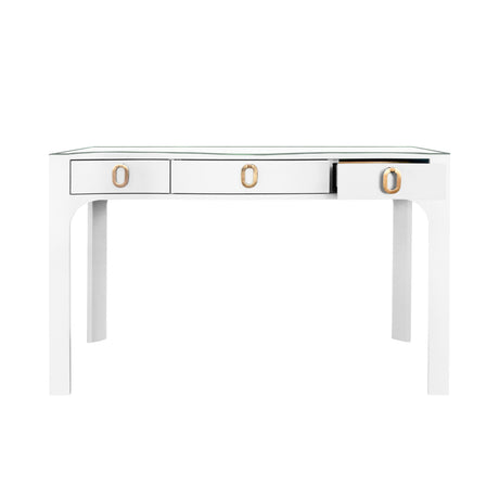 Worlds Away Curved Front Desk With Three Drawers In White Textured Linen With Satin Brass Ring Hardware And Glass Top