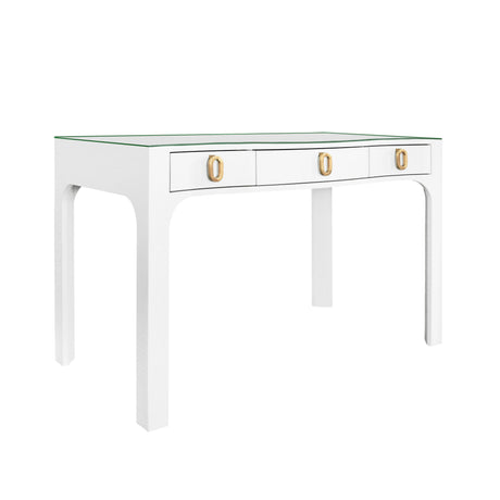 Worlds Away Curved Front Desk With Three Drawers In White Textured Linen With Satin Brass Ring Hardware And Glass Top
