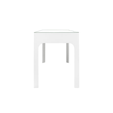 Worlds Away Curved Front Desk With Three Drawers In White Textured Linen With Satin Brass Ring Hardware And Glass Top