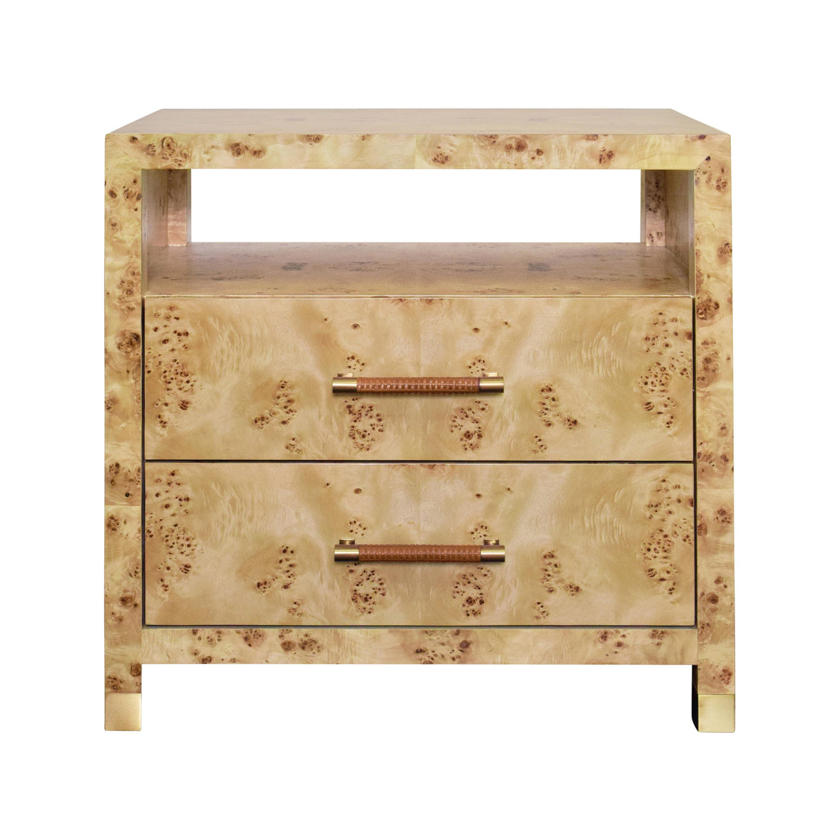Worlds Away Two Drawer Side Table With Rattan Wrapped Handles In Burl Wood