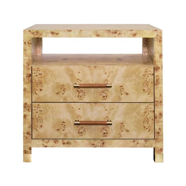 Worlds Away Two Drawer Side Table With Rattan Wrapped Handles In Burl Wood