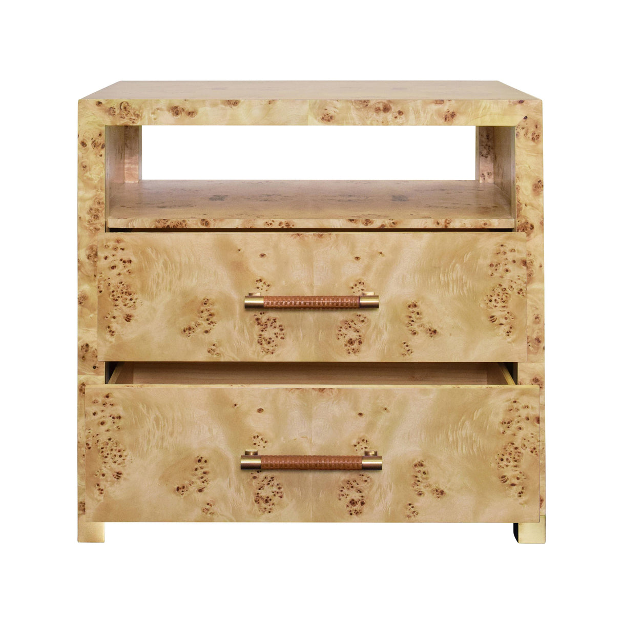 Worlds Away Two Drawer Side Table With Rattan Wrapped Handles In Burl Wood