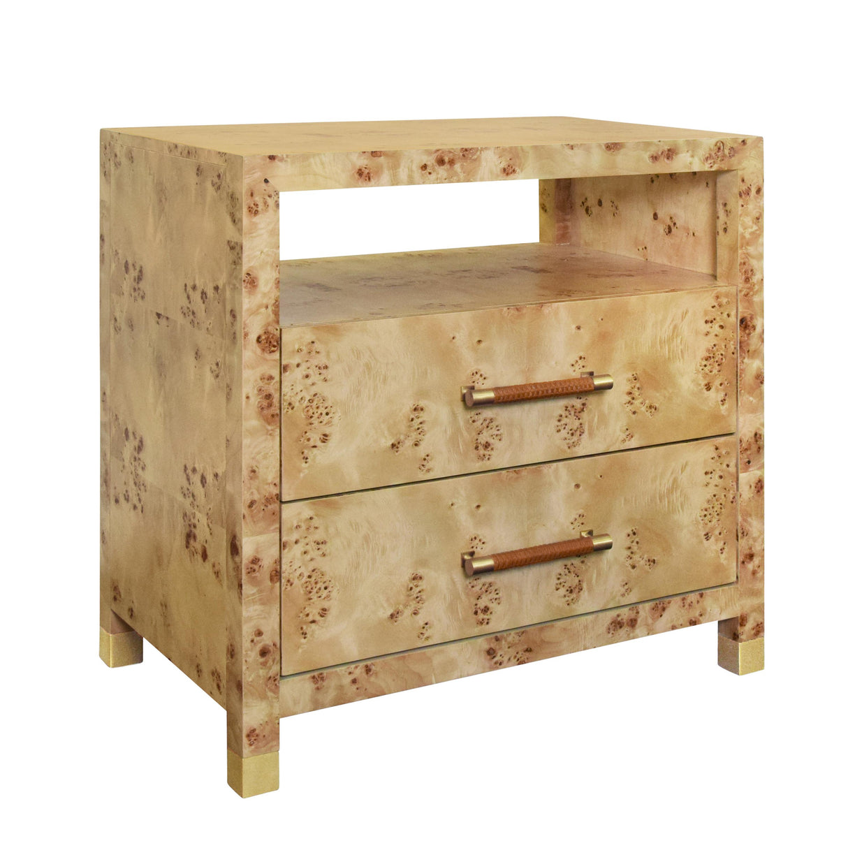 Worlds Away Two Drawer Side Table With Rattan Wrapped Handles In Burl Wood