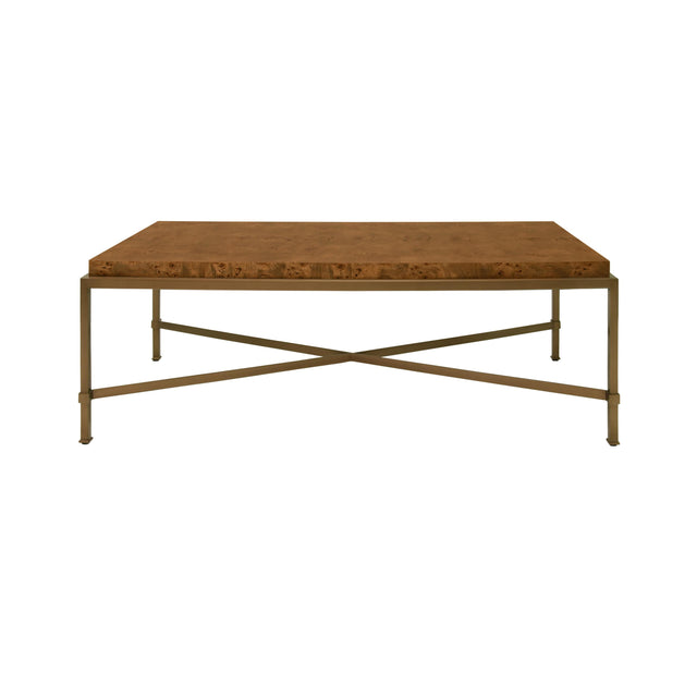 Worlds Away Antique Brass Frame Coffee Table With Thick Top In Dark Burl Wood