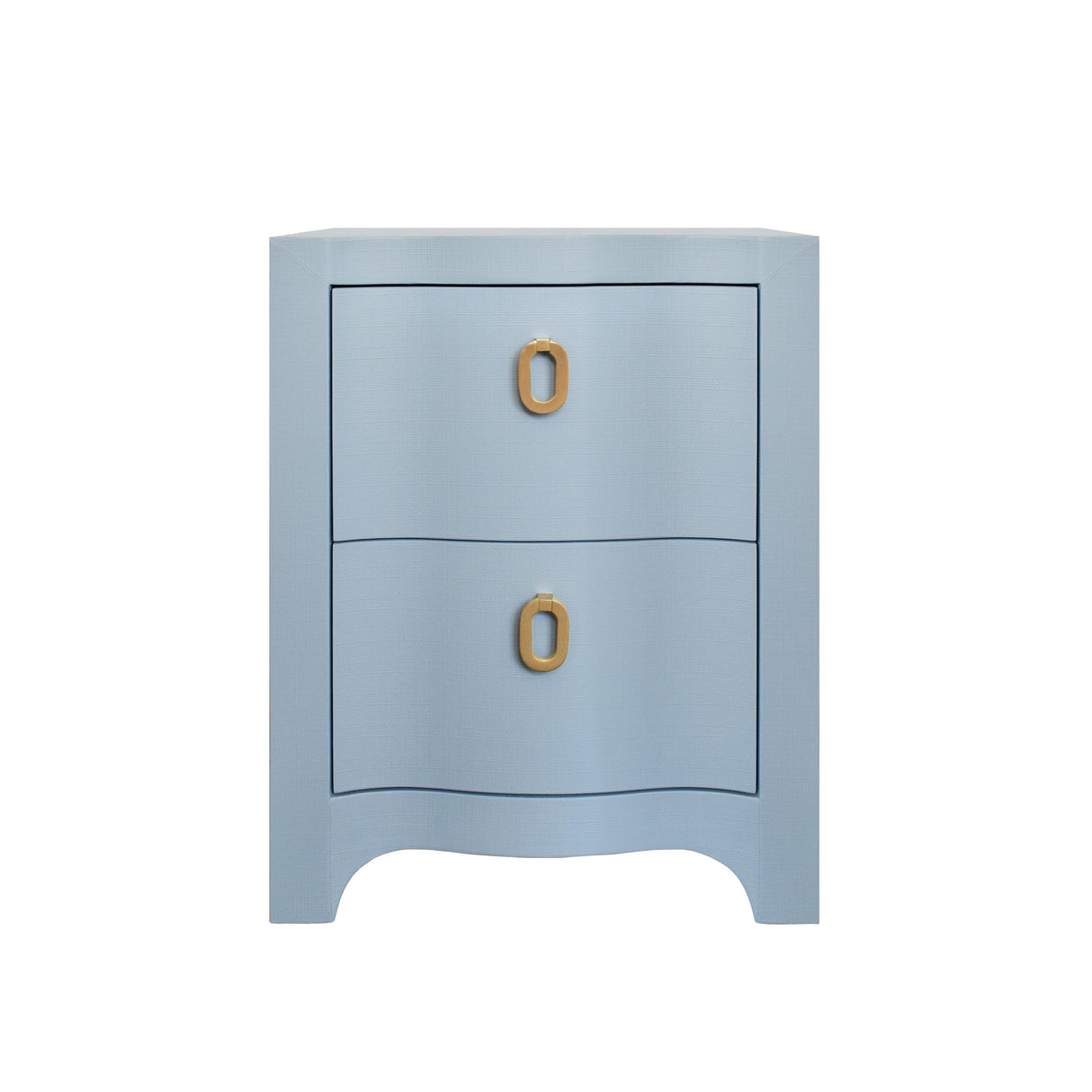 Worlds Away Curved Front Side Table With Two Drawers In Light Blue Textured Linen With Satin Brass Ring Hardware