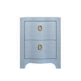 Worlds Away Curved Front Side Table With Two Drawers In Light Blue Textured Linen With Satin Brass Ring Hardware