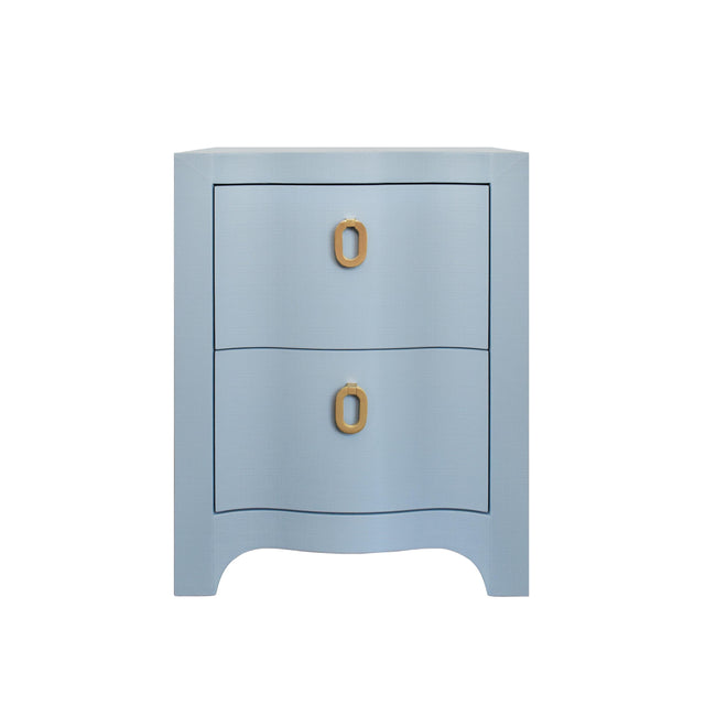 Worlds Away Curved Front Side Table With Two Drawers In Light Blue Textured Linen With Satin Brass Ring Hardware