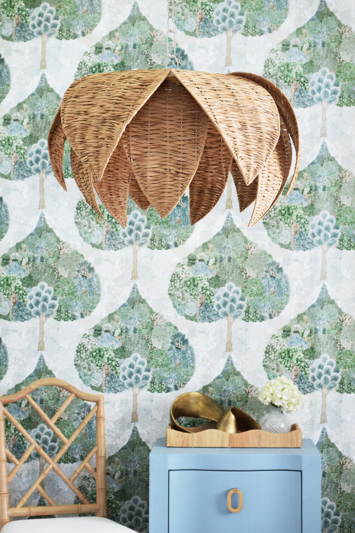 Worlds Away Curved Front Side Table With Two Drawers In Light Blue Textured Linen With Satin Brass Ring Hardware