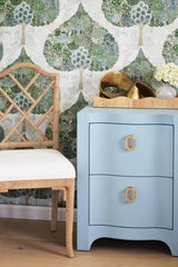 Worlds Away Curved Front Side Table With Two Drawers In Light Blue Textured Linen With Satin Brass Ring Hardware