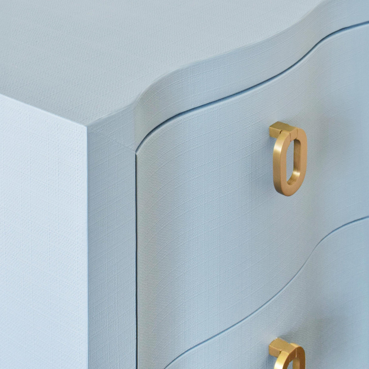 Worlds Away Curved Front Side Table With Two Drawers In Light Blue Textured Linen With Satin Brass Ring Hardware