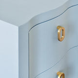 Worlds Away Curved Front Side Table With Two Drawers In Light Blue Textured Linen With Satin Brass Ring Hardware