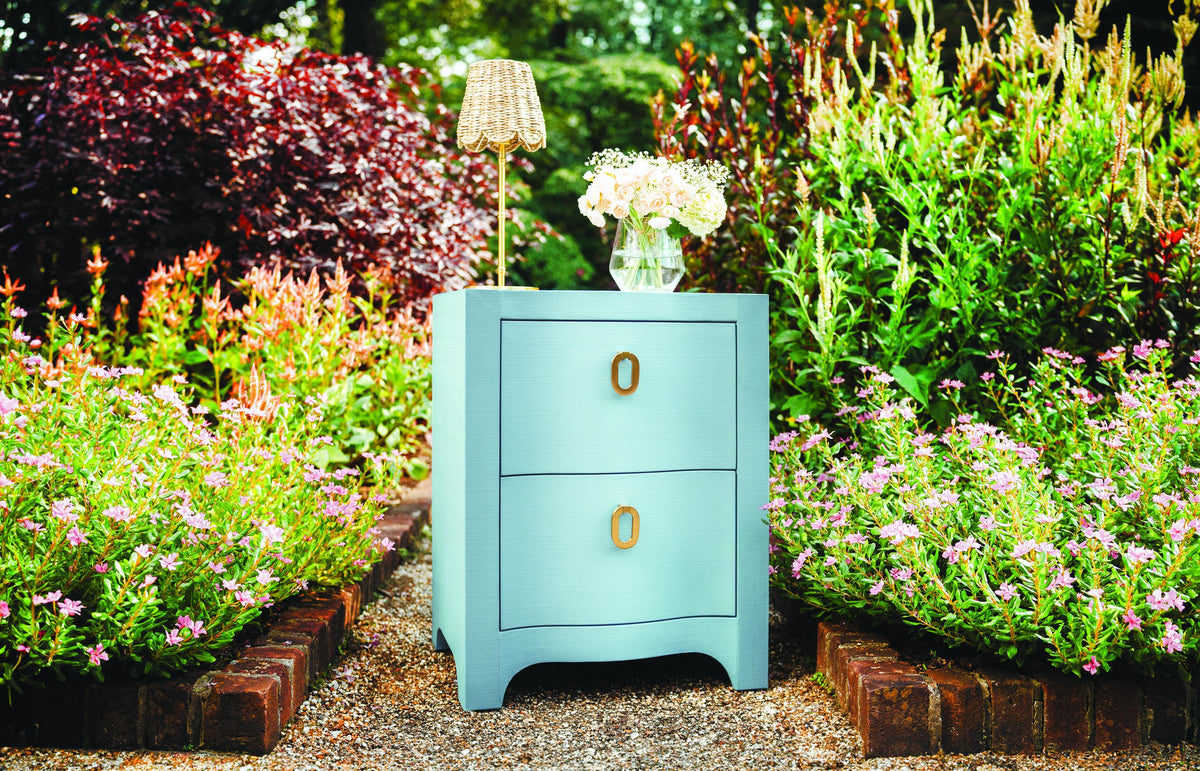 Worlds Away Curved Front Side Table With Two Drawers In Light Blue Textured Linen With Satin Brass Ring Hardware