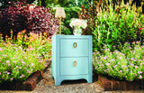 Worlds Away Curved Front Side Table With Two Drawers In Light Blue Textured Linen With Satin Brass Ring Hardware