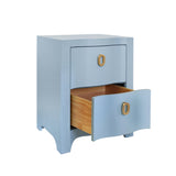 Worlds Away Curved Front Side Table With Two Drawers In Light Blue Textured Linen With Satin Brass Ring Hardware