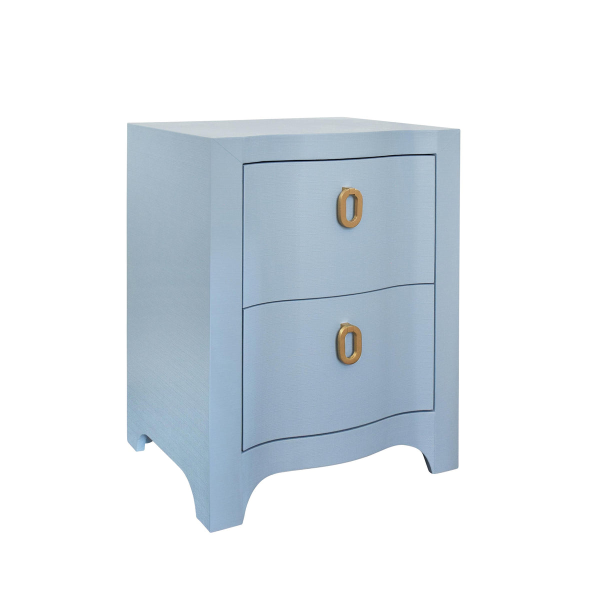 Worlds Away Curved Front Side Table With Two Drawers In Light Blue Textured Linen With Satin Brass Ring Hardware
