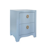 Worlds Away Curved Front Side Table With Two Drawers In Light Blue Textured Linen With Satin Brass Ring Hardware