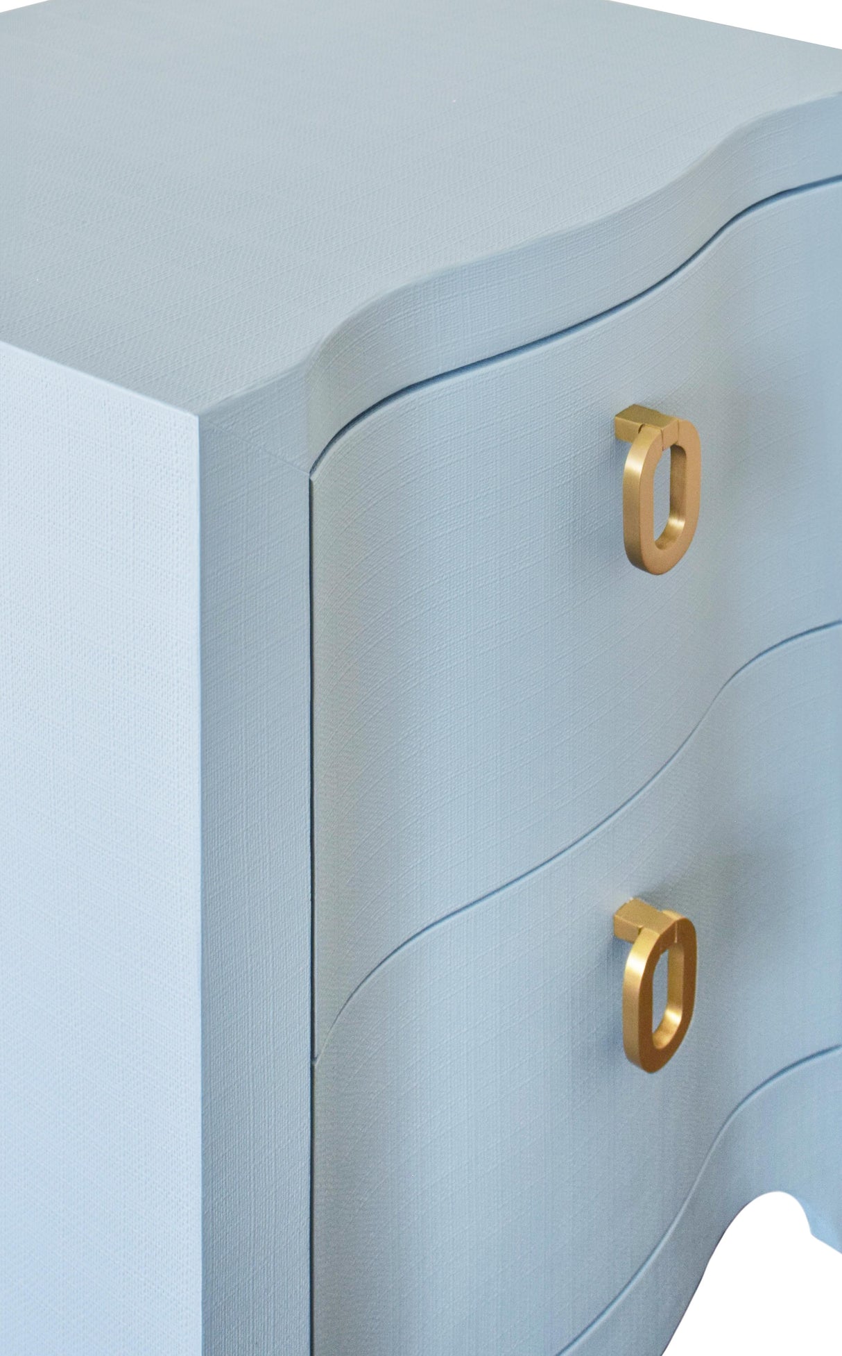Worlds Away Curved Front Side Table With Two Drawers In Light Blue Textured Linen With Satin Brass Ring Hardware