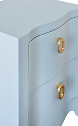 Worlds Away Curved Front Side Table With Two Drawers In Light Blue Textured Linen With Satin Brass Ring Hardware