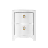 Worlds Away Curved Front Side Table With Two Drawers In White Textured Linen With Satin Brass Ring Hardware
