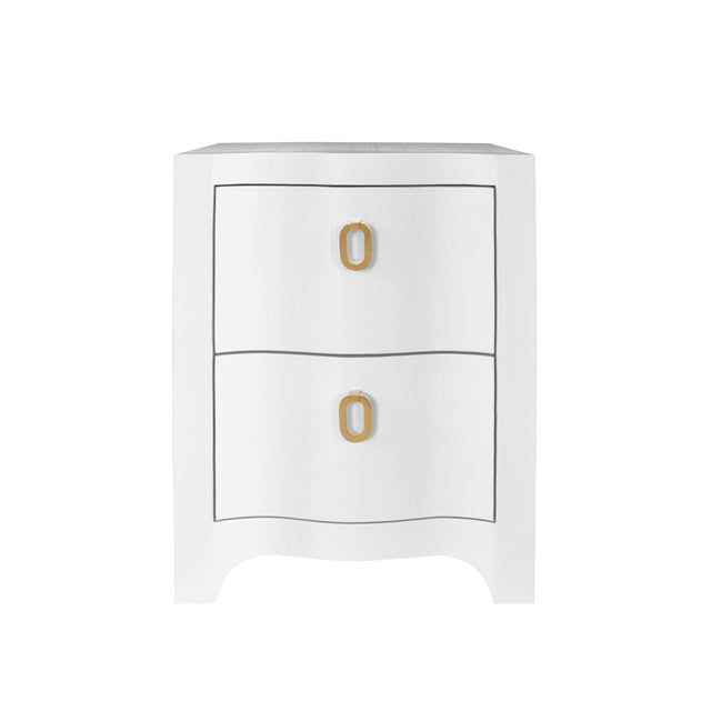 Worlds Away Curved Front Side Table With Two Drawers In White Textured Linen With Satin Brass Ring Hardware