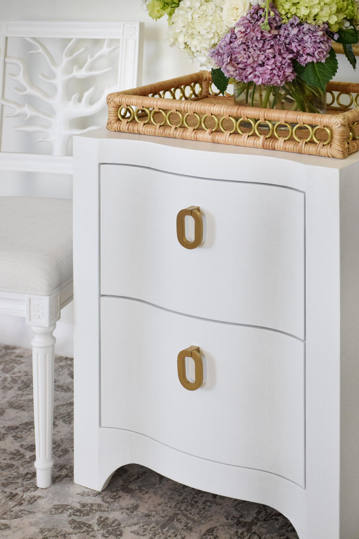 Worlds Away Curved Front Side Table With Two Drawers In White Textured Linen With Satin Brass Ring Hardware