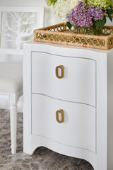Worlds Away Curved Front Side Table With Two Drawers In White Textured Linen With Satin Brass Ring Hardware