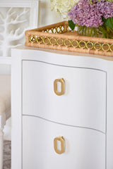 Worlds Away Curved Front Side Table With Two Drawers In White Textured Linen With Satin Brass Ring Hardware