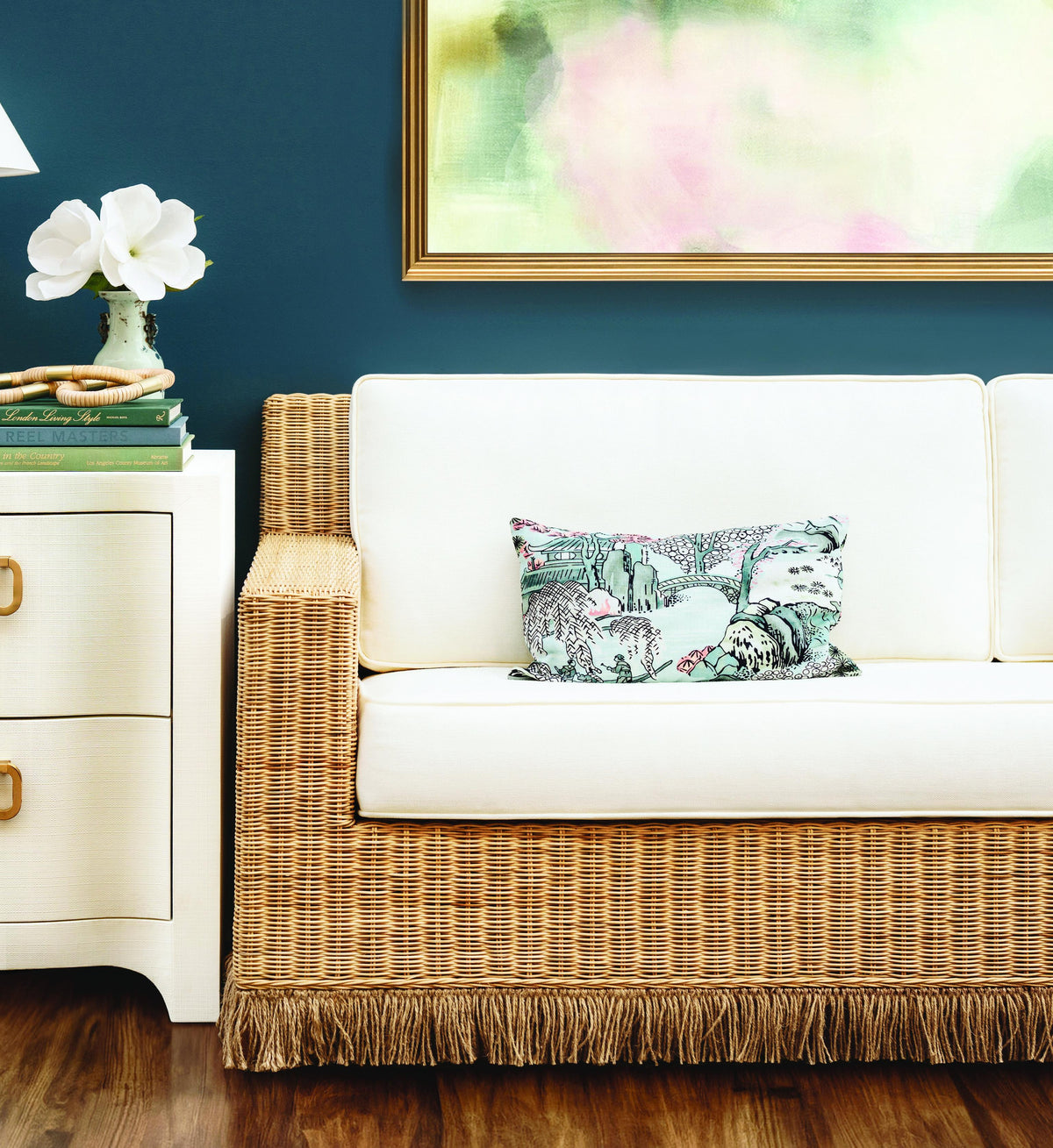 Worlds Away Curved Front Side Table With Two Drawers In White Textured Linen With Satin Brass Ring Hardware