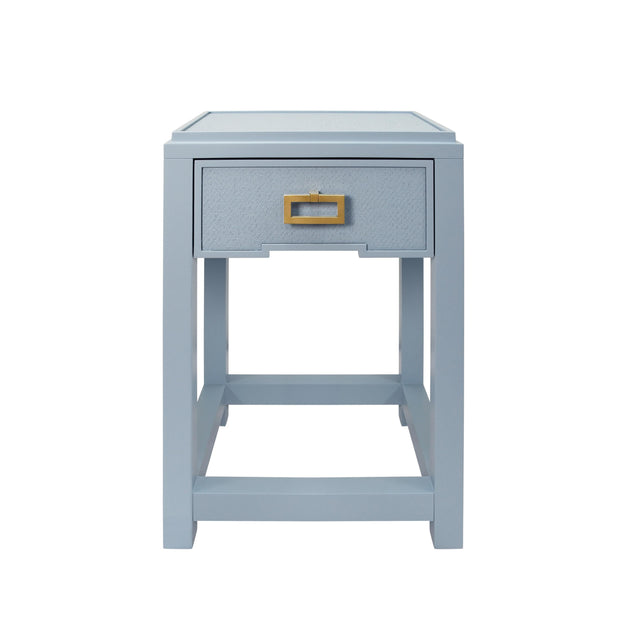Worlds Away One Drawer Side Table With Matte Light Blue Frame And Light Blue Grasscloth Drawer Fronts
