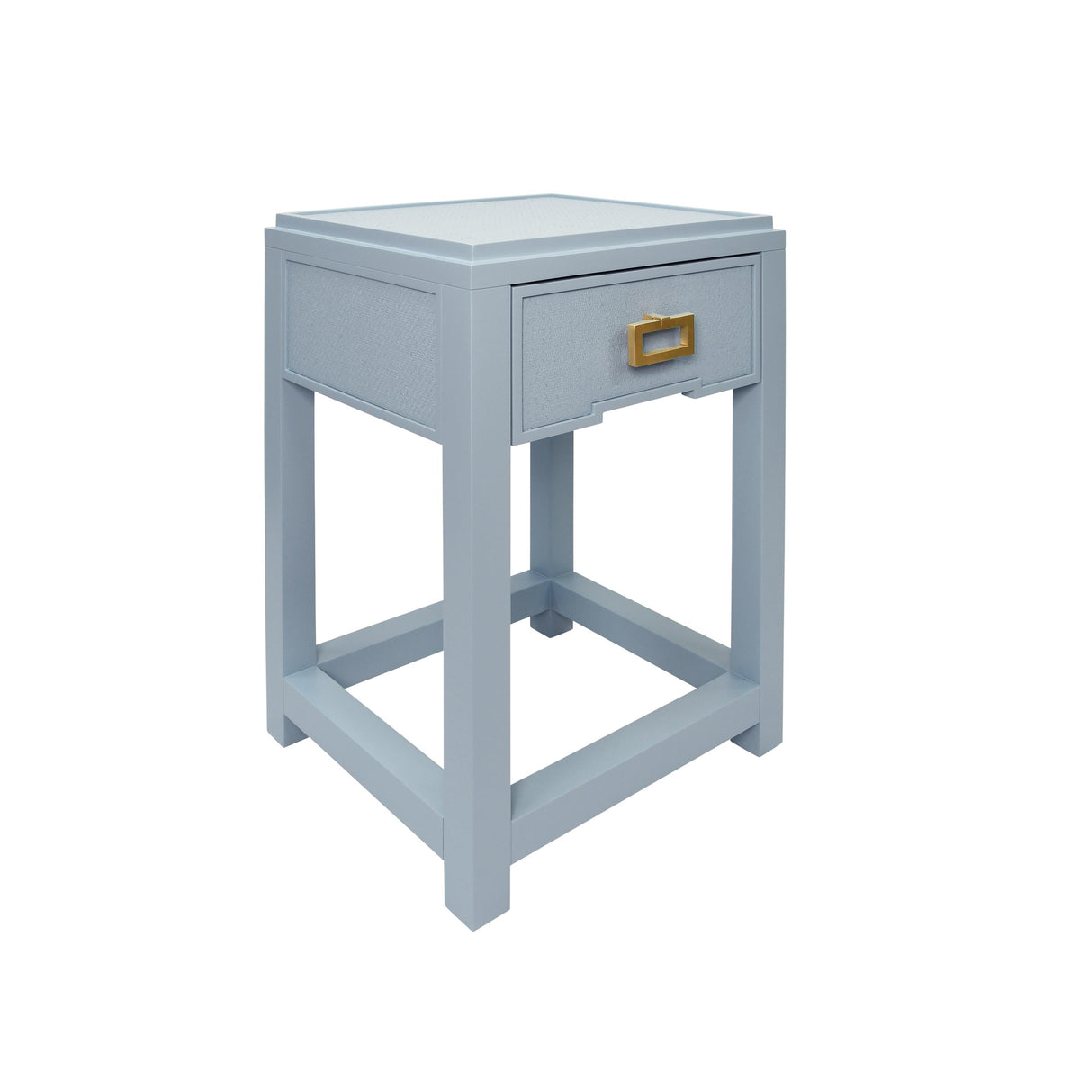 Worlds Away One Drawer Side Table With Matte Light Blue Frame And Light Blue Grasscloth Drawer Fronts