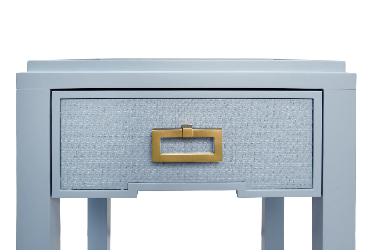 Worlds Away One Drawer Side Table With Matte Light Blue Frame And Light Blue Grasscloth Drawer Fronts