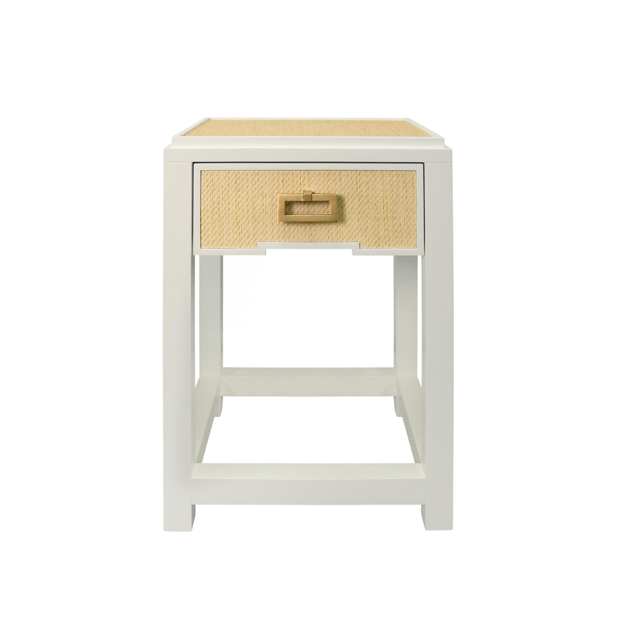 Worlds Away One Drawer Side Table With Matte White Lacquer Frame And Natural Grasscloth Drawer Fronts