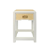 Worlds Away One Drawer Side Table With Matte White Lacquer Frame And Natural Grasscloth Drawer Fronts
