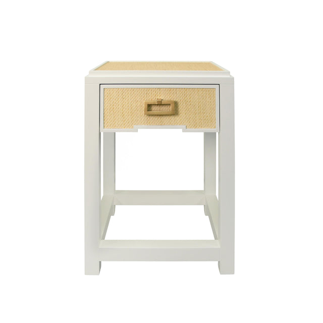 Worlds Away One Drawer Side Table With Matte White Lacquer Frame And Natural Grasscloth Drawer Fronts