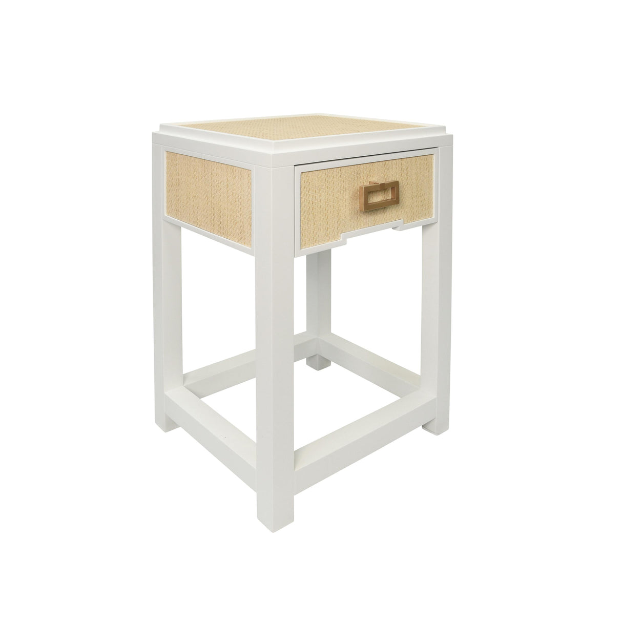 Worlds Away One Drawer Side Table With Matte White Lacquer Frame And Natural Grasscloth Drawer Fronts