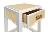 Worlds Away One Drawer Side Table With Matte White Lacquer Frame And Natural Grasscloth Drawer Fronts