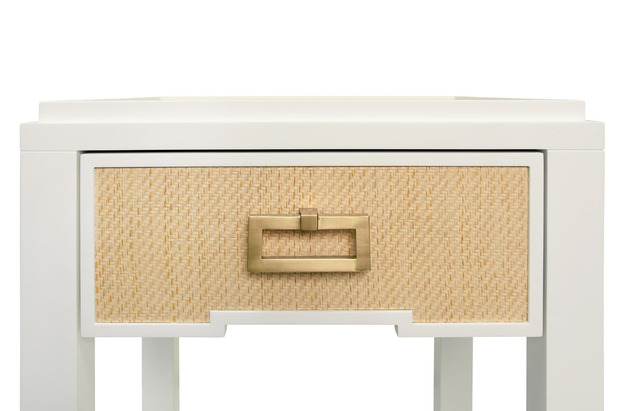 Worlds Away One Drawer Side Table With Matte White Lacquer Frame And Natural Grasscloth Drawer Fronts