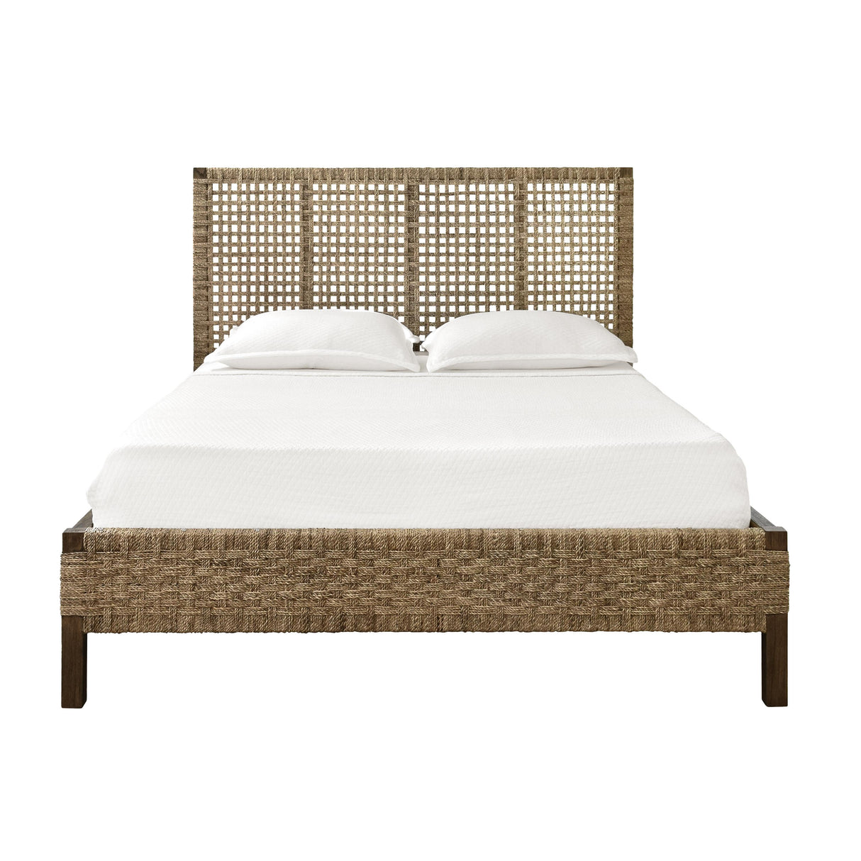Worlds Away Seagrass Wrapped Headboard And Footboard With Wood Side Rails And Legs, Queen Size