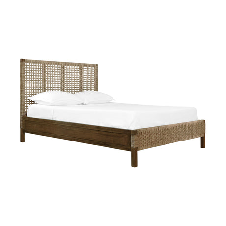 Worlds Away Seagrass Wrapped Headboard And Footboard With Wood Side Rails And Legs, Queen Size