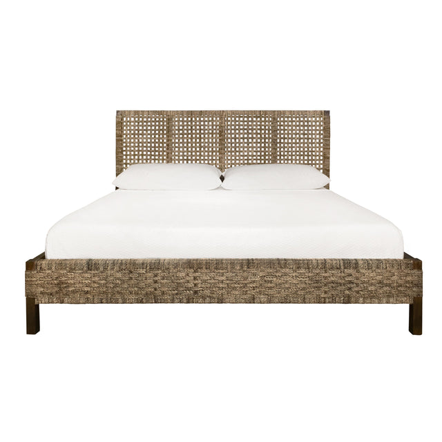Worlds Away Seagrass Wrapped Headboard And Footboard With Wood Side Rails And Legs, King Size