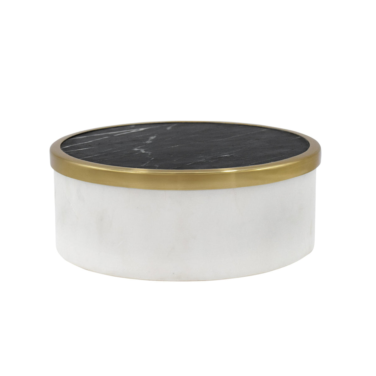Worlds Away White Marble Container With Black Marble Top With Brass Rim