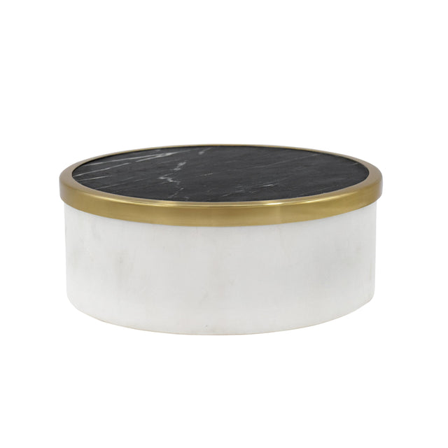 Worlds Away White Marble Container With Black Marble Top With Brass Rim